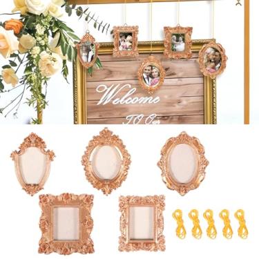 Imagem de HJJWNDDNG 5 peças, mini porta-retratos vintage com corda de resina, pequena moldura dourada vintage, enfeite para pendurar na parede para exibição de imagens, árvore de Natal, decoração de casamento