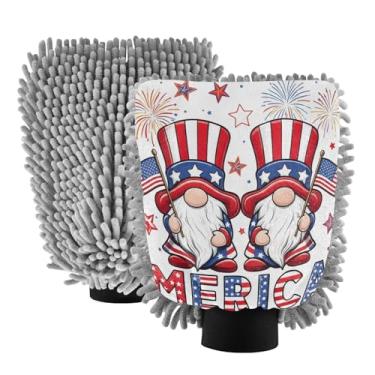 Imagem de STAYTOP Luvas de lavagem de carro com gnomos Dia da Independência, 2 peças, luvas de microfibra de chenille, sem arranhões, panos de esponja de lavagem ultra absorventes para carros, limpeza doméstica