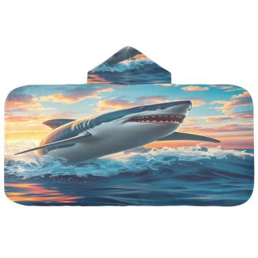 Imagem de Burbuja Toalha de banho com capuz Shark Breaching para crianças, toalha de praia de pelúcia macia absorvente para meninas e meninos 3-10 anos, 61 x 127 cm