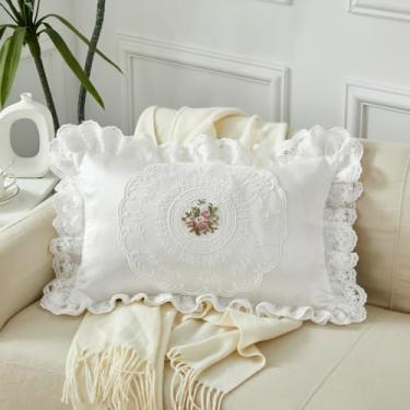 Imagem de Zinowas Capa de almofada de cetim com babados para cabelo e pele, capa de almofada branca com babados sedosos, fronhas de renda bordada, decoração de quarto de princesa, 30 x 50 cm
