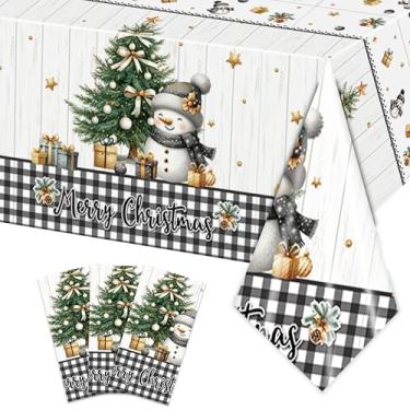 Imagem de 3 peças de artigos de festa de Natal para toalhas de mesa descartáveis de boneco de neve de chão de madeira branca, para mesas retangulares 137 x 272 cm, decorações de Natal com desenhos animados para