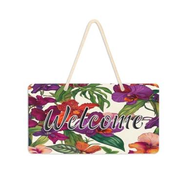 Imagem de Burbuja Placa de boas-vindas de orquídeas flores exóticas para porta da frente, placa de boas-vindas de PVC para pendurar na parede varanda casa de fazenda, decoração de feriados, 15 x 28 cm