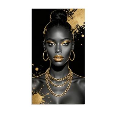 Imagem de Arte de parede em tela feminina dourada preta afro-americana decoração de parede abstrata preta dourada feminina pôster impresso arte para sala de estar quarto decoração de casa 40 x 70 cm (16 x 28