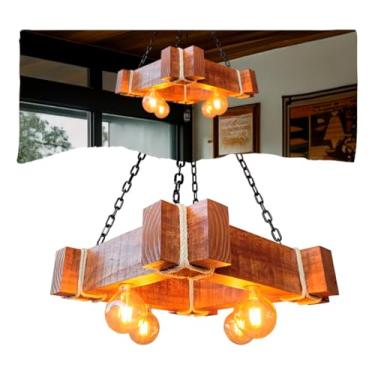 Imagem de Luminária de Teto Rústica Madeira Pinus 4 Bocais E27 - Pendente Quadrado 50cm para Área Gourmet (Bivolt) - Acabamento Artesanal Caibro para Decoração e Iluminação