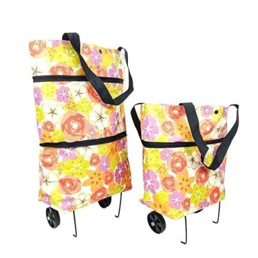 Imagem de Carrinho Dobrável Portátil com Rodas Bolsa de Compras Leve 10kg Para Feira Mercado(Flor de laranjeira)