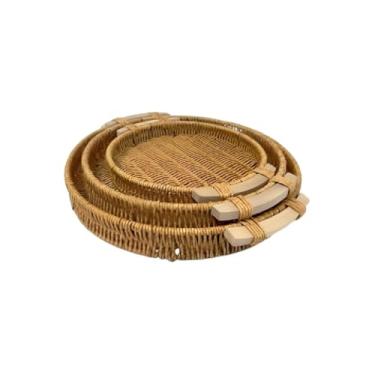 Imagem de Kit 3 Bandejas Redondas em Madeira, Plástico e Metal, Empilháveis, 24cm, 30cm e 35cm, Natural