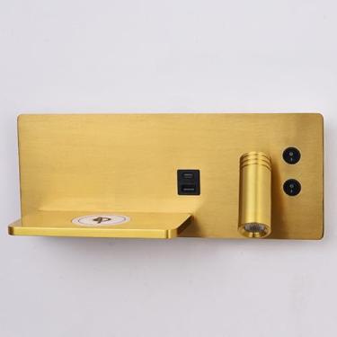 Imagem de Luminária de parede giratória LED com carregador sem fio e porta USB, interruptor de luz de parede, 8W + 3W, branco quente 3000K, dourada, para leitura, iluminação de fundo na parede.