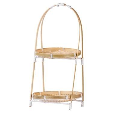 Imagem de Fenteer Cesta de frutas em bambu trançado com alça, suporte para alimentos em formato de banana, ideal para de cozinha, doces e mesa de centro, Dois Níveis