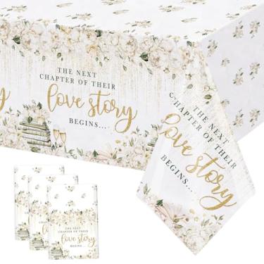Imagem de MEHOFOND Pacote com 3 toalhas de mesa para chá de panela Next Chapter – 274 x 137 cm capa de mesa descartável de livro floral branco - toalha de mesa de plástico com flores brancas douradas pingando
