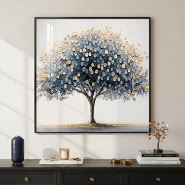 Imagem de Arte de parede emoldurada da árvore da vida, impressão de pintura abstrata moderna em ouro azul, minimalista, elegante, árvore de dinheiro, arte quadrada para sala de estar, quarto, cozinha, corredor