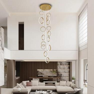 Imagem de Lustre longo de 15 anéis, moderno, grande, decorativo, suspenso, para teto alto, com design em espiral e escada, com controle remoto. Luminária LED moderna e dimerizável para hall de entrada