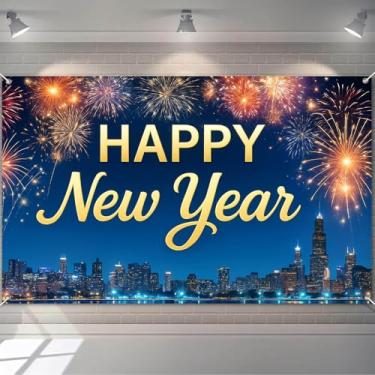 Imagem de HOMETITUTE Banner Feliz Ano Novo 2026 178 x 109 cm Azul Ouro Fogos de Artifício Cidade Horizonte Festa Decoração de Parede Decoração de Parede Contagem Regressiva Celebração Foto Fundo para Exibição
