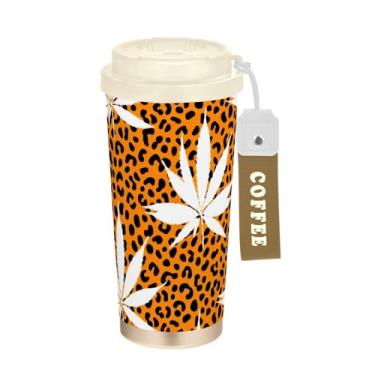 Imagem de TSENQUE Copo de café de 473 ml, copo de café de viagem com revestimento cerâmico com canudo e tampa, copo isolado a vácuo de aço inoxidável, folhas brancas de leopardo preto laranja