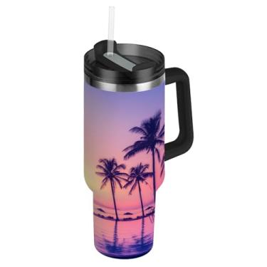 Imagem de Joisal Copo de 1,134 g com alça copos de aço inoxidável com tampa e canudos, garrafa de água isolada à prova de derramamento, carros, xícara de café, bebida quente, nascer do sol, praia, palmeiras