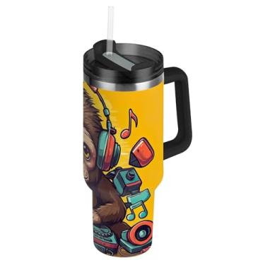 Imagem de Funny Monkey DJ Music Copos amarelos com tampas e canudo garrafas de água de aço inoxidável isolado 1,134 g copo com alça rosa carros fofos xícara de café bebida quente