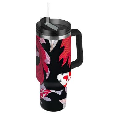 Imagem de Copos com tampas e canudo colorido peixinho dourado Koi Fish Preto 850.5 g Tumbler com alça rosa bonito garrafas de água isoladas de aço inoxidável garrafa de água cabe no copo do carro