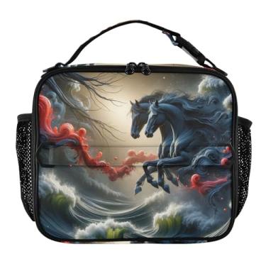 Imagem de Lancheira Black Horses Waves Anime Meninas Mulheres Lancheira Crianças Homens Lancheira para Trabalho Lancheira Bolsa térmica com alça de ombro ajustável
