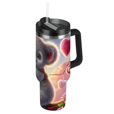 Imagem de Copo romântico Koala Love Hug com tampa e canudos, garrafa de água isolada de aço inoxidável, copo de 1,134 g com alça, copo térmico de café para carro