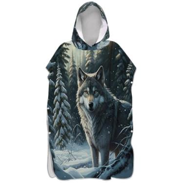 Imagem de Joisal Poncho de surf animal lobo de inverno legal para adultos trocador de roupa de praia com capuz toalha de banho masculino vestível poncho com capuz