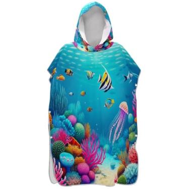 Imagem de Joisal Roupão colorido subaquático de recifes de corais para adultos toalha de praia com capuz toalha de natação masculino feminino poncho com capuz