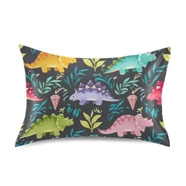 Imagem de Fronhas legais brilhantes coloridas desenho de dinossauro padrão King Queen almofadas de cetim refrescante extra macio impressão de arte tamanho king 101,6 cm x 50,8 cm
