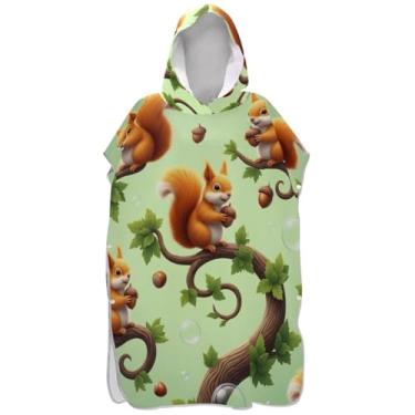 Imagem de Joisal Poncho de surfe verde esquilos fofos para trocador adulto de secagem rápida unissex poncho adulto com capuz toalha de banho com capuz de praia