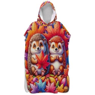 Imagem de Joisal Poncho de surf leve trocador para adultos toalha de praia com capuz estampa de desenho animado ouriços folhas de outono poncho masculino com capuz