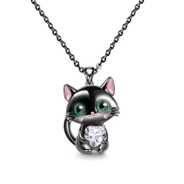 Imagem de POYAMUSE Lindo colar de gato preto com pingente de coração de strass para mulheres – Joias de gato kawaii, presente para amantes de gatos, Medium, Latão, Metal