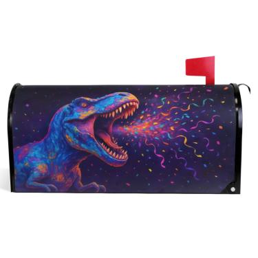 Imagem de TSENQUE Capa magnética colorida neon dinossauro preto decorativo caixa de correio primavera caixa de correio envoltório vinil caixa de correio moderna decoração de jardim tamanho padrão 52,56 x 45,8