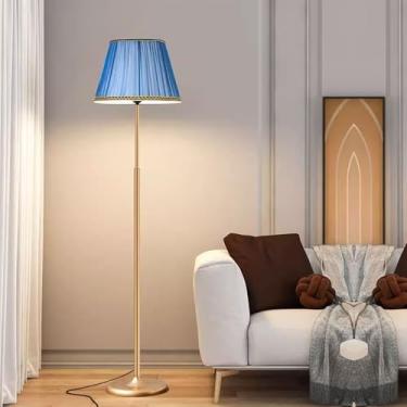 Imagem de Luminária de chão com cúpula de tecido azul, luminária de chão minimalista preta/dourada, luminária vertical de metal polido, luminária de leitura alta para sala de estar e quarto, luminária