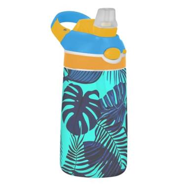 Imagem de Garrafa de água esportiva Tritan de 473 ml com canudo para crianças, meninas, meninos, garrafa de água à prova de vazamento de 473 ml, copo infantil reutilizável portátil, alça de transporte, folhas