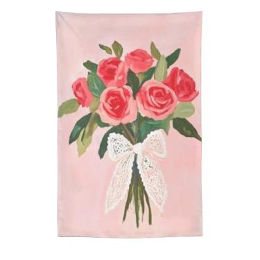 Imagem de Tapeçaria vintage para casais, vestido rosa, chapéu fedora, pétala, fundo macio, pintura a óleo, decoração romântica, decoração de casa para sala de estar, quarto, peça estética nostálgica, tapeçaria