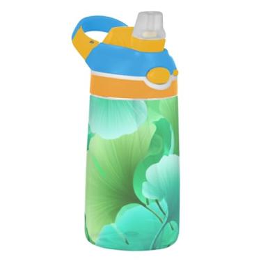 Imagem de Garrafa de água de 473 ml para crianças à prova de vazamento 473 ml Tritan Sports garrafa de água com canudo copo de viagem infantil reutilizável portátil, alça de transporte, folhas de ginkgo verde