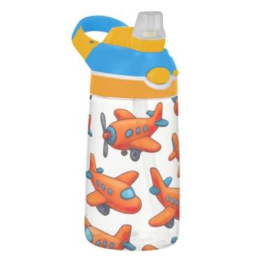 Imagem de Garrafa de água infantil de 473 ml com tampa de canudo à prova de vazamento, garrafa de água esportiva para escola, portátil, 473 ml, copo de viagem infantil Tritan, alça de transporte, lindos aviões