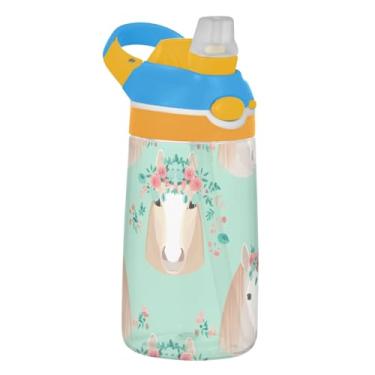 Imagem de Garrafa de água esportiva infantil de 473 ml com tampa de palha, garrafa de água Tritan portátil de 473 ml, copo infantil reutilizável à prova de vazamento, alça de transporte, coroa floral de cavalo