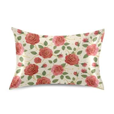 Imagem de Wassud Red Roses Fronha de cetim para o dia dos namorados para cabelo e pele, fronhas de seda lisa, tamanho queen, respirável, com fecho de envelope