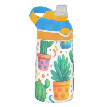 Imagem de Garrafa de água infantil Green Cacti Succulent Plants com canudo 473 ml Tritan 473 ml Garrafa de água de plástico reutilizável portátil para crianças, à prova de vazamento, alça de transporte