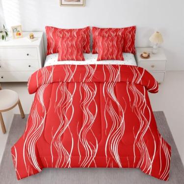 Imagem de Erosebridal Jogo de edredom geométrico de 7 peças, arte gráfica moderna, reversível, estética moderna, bordô, vermelho, lençol com elástico, respirável, leve