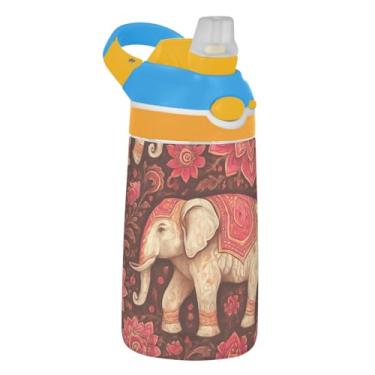 Imagem de Garrafa de água infantil floral ornamentada elefante branco 473 ml Tritan à prova de vazamento garrafa de água esportiva com tampa de canudo 473 ml copo infantil reutilizável portátil, alça de