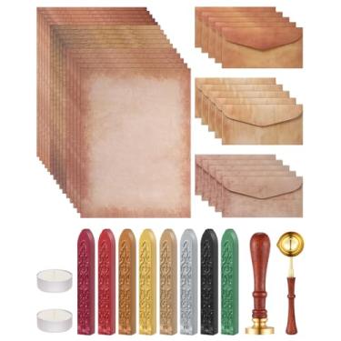 Imagem de Comealltime Conjunto de 42 peças de papel vintage e envelopes, 15 cartas e envelopes fixos, 8 bastões de lacre de cera, colher de cera, carimbo de árvore da vida e 2 velas de chá para convite de festa