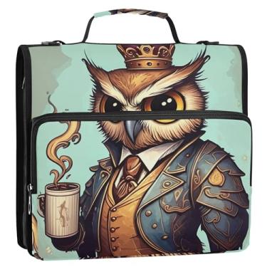 Imagem de Coroa de coruja, café, engraçado, fichário de 3 cm, 3 anéis, bolsa organizadora de fichário com zíper resistente, com alça para portfólio escolar e suporte de pasta de anel