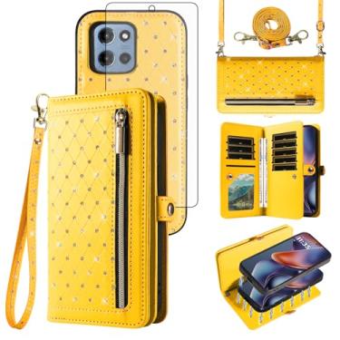 Imagem de Capa de celular para Motorola Moto G 5G 2025 com zíper carteira magnética destacável com alça de cordão transversal Bling Glitter Flip compartimentos para cartão de crédito G5G 5 G G5 mulheres homens