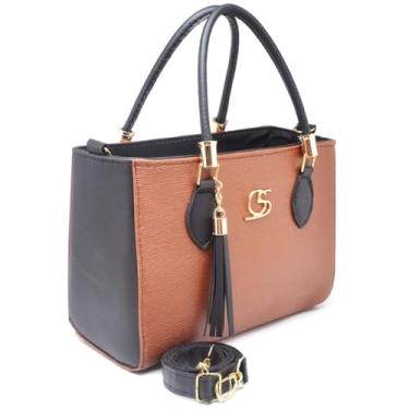 Imagem de Bolsa de Mão Feminina Elegante, Couro Sintético Branco e Azul Claro, Alça Transversal Removível, Detalhe em Tassel (Castanho preto de cor mista)