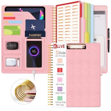 Imagem de KLLVE Prancheta espiral dobrável rosa com bolsa de armazenamento com zíper, 5 pastas de plástico com bolsos, bloco de notas forrado recarregável (21,6 cm x 28 cm), organizador de projetos de capa dura