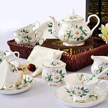 Imagem de Conjunto de chá Bone China Xícaras e pires xícara de cerâmica casamento seis colheres de chá para uso doméstico 21 xícara de café inglês conjunto de chá retrô europeu (cor: branco, tamanho: 21 peças