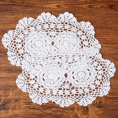 Imagem de Doilies de renda branca 2 peças de jogo americano feito à mão em crochê de algodão - porta-copos de malha formato oval para sobreposição de mesa de móveis, 25 x 35 cm
