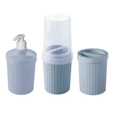 Imagem de Kit Pia de Banheiro 3 Peças Dispenser Sabonete Líquido Porta Escova de Dente Porta Algodão, Ideal for Daily Hygiene Organization & Guest Bathrooms(Azul Trama)