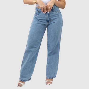Imagem de Calça Jeans Wide Leg Pantalona Estilosa Cintura Alta Com Bolsos Casual