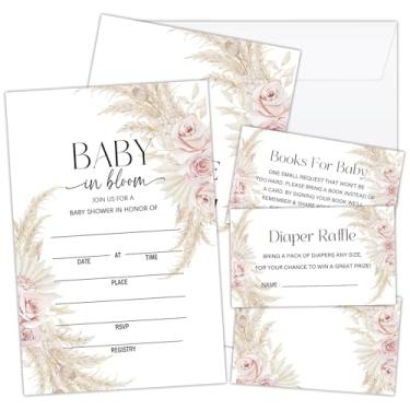 Imagem de Lesixur 25 conjuntos de convites florais para chá de bebê, sorteio de fraldas, cartões de livro de bilhetes com envelopes para revelação de gênero, anúncio de bebê de primavera, lembrancinha de festa