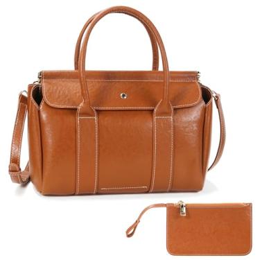 Imagem de Taertii Bolsa feminina de couro legítimo, bolsa marrom média com 3 compartimentos, alça de ombro ajustável, fecho de zíper